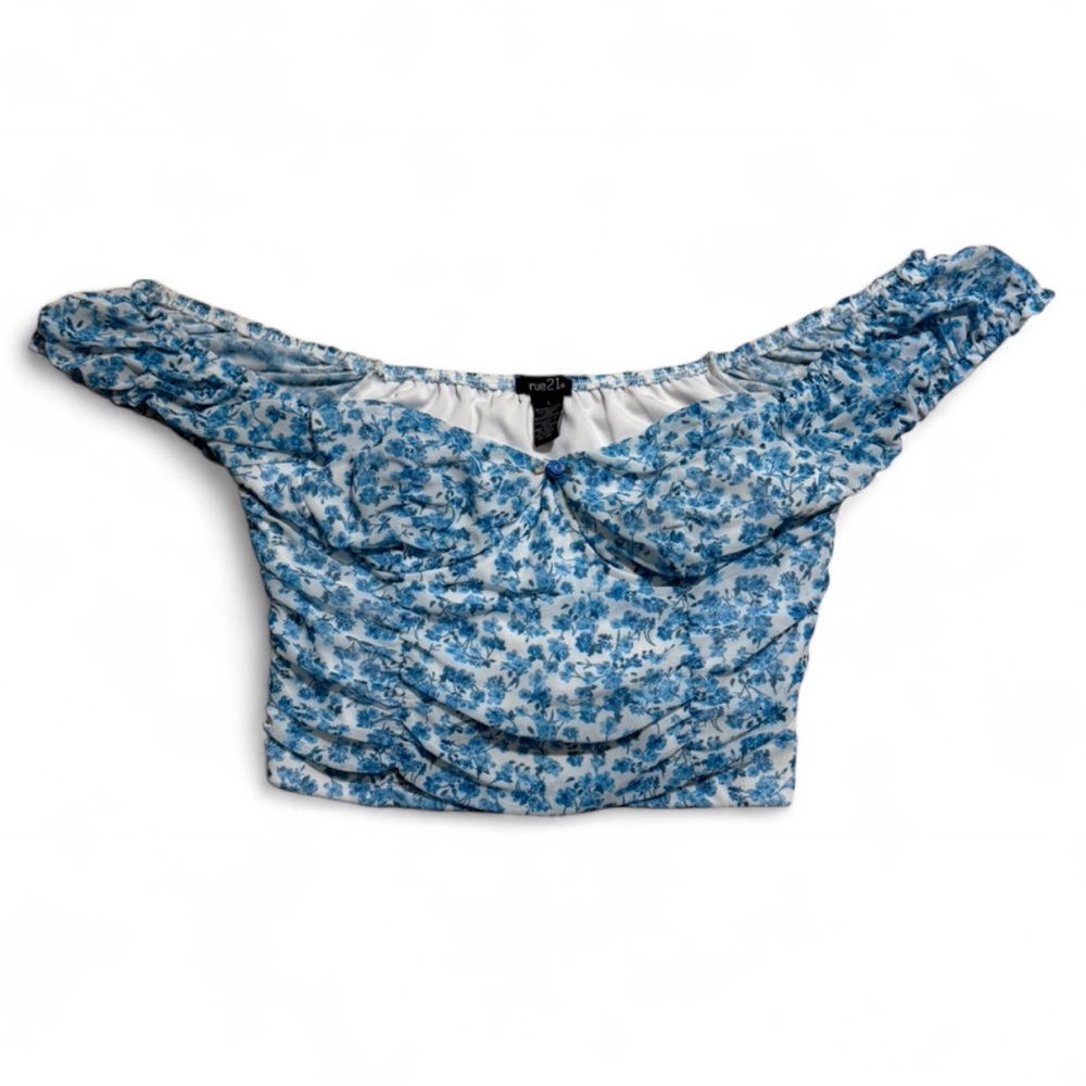 Rue21 Blue Floral Off-Shoulder Ruched Crop Top